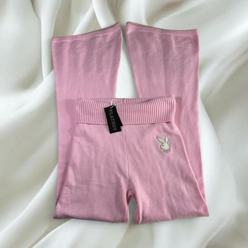 NWT Playboy x Missguided pink knit fold over flare leggings Y2K vintage mcbling